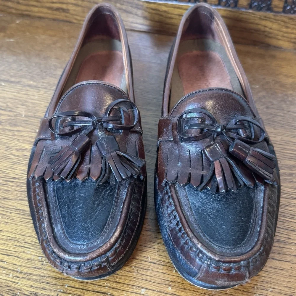 Johnston & Murphy Men's Tassel Loafers 10‎ XW Brown Black Leather Kiltie Slip 10